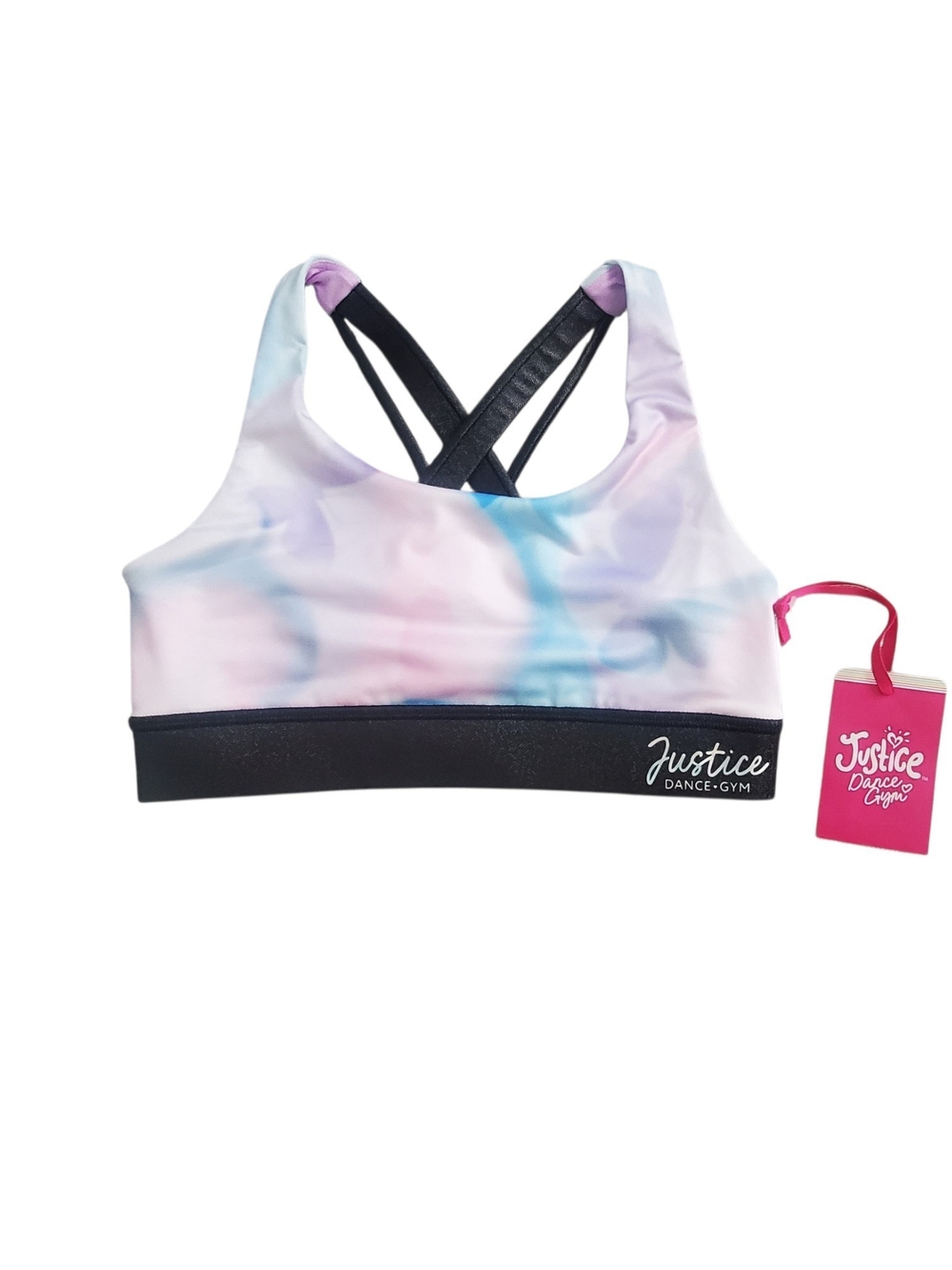 Justice Pastel Tie-Dye Sports Bra with Black Band and Crisscross Straps
